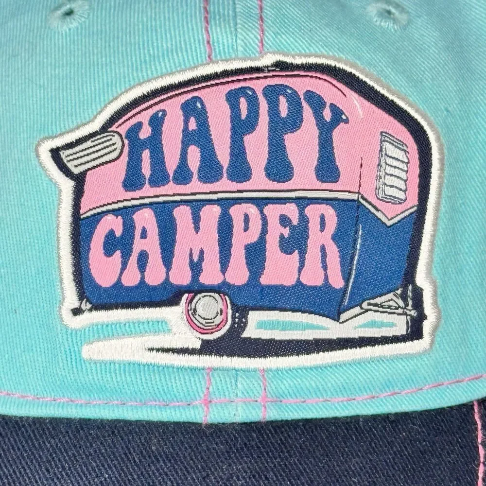 Simply Southern Happy Camper Embroidered Pink Aqua Baseball Hat Cap Distressed